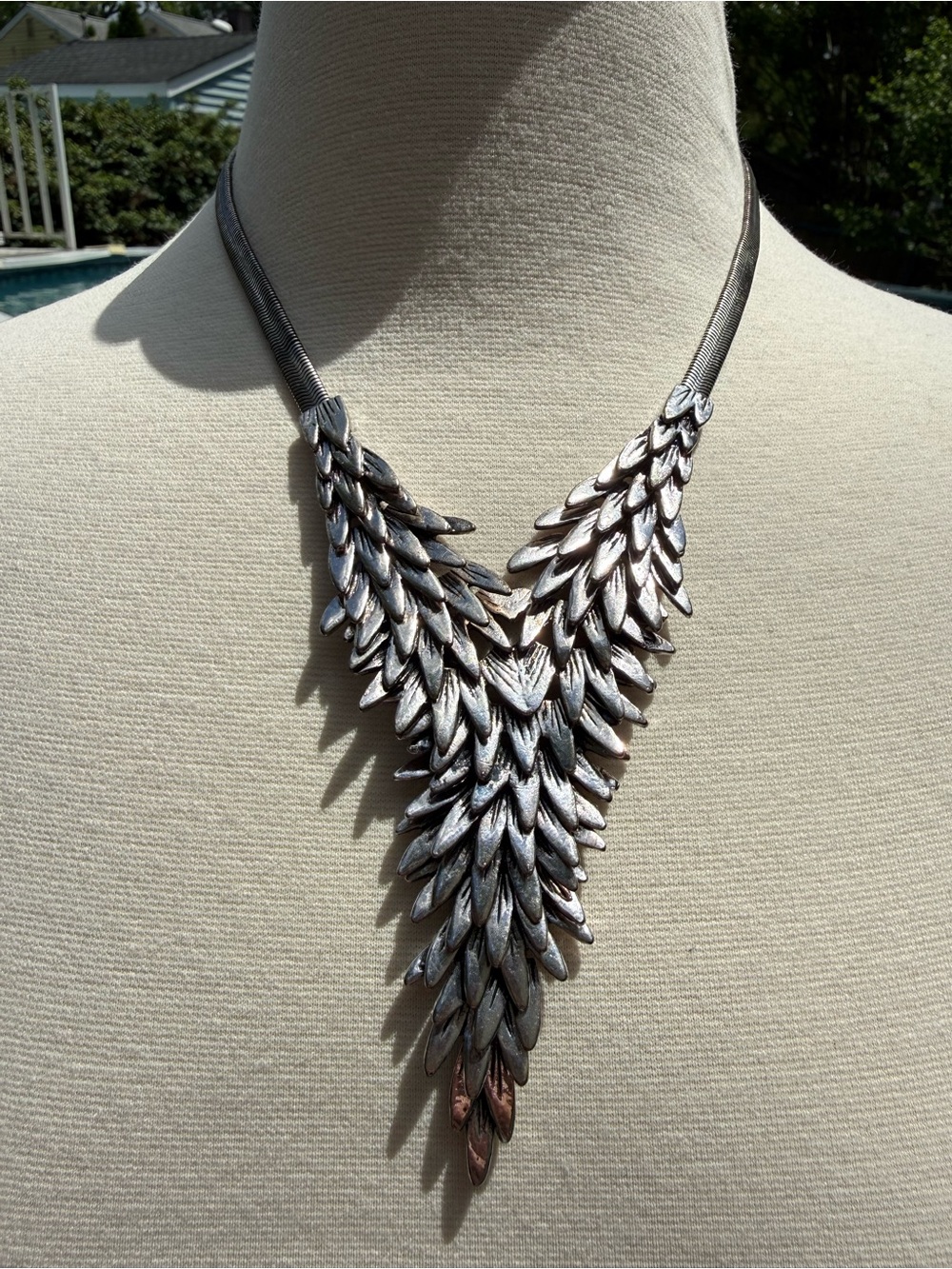 Vintage Silver Tone Layered Leaf Statement Necklace | Brutalist Organic Modern |